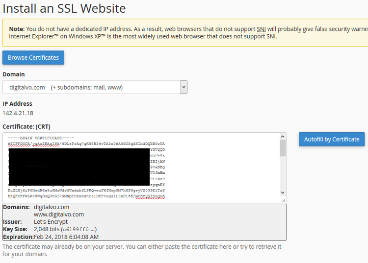 Select domain and paste the SSL certificate code Select domain and paste the SSL certificate code