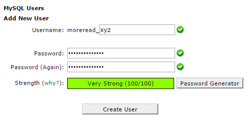 Add new database user under MySQL users Add new database user under MySQL users