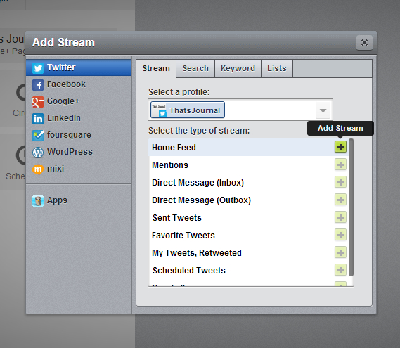 Add Stream dialog box in Hootsuite Add Stream dialog box in Hootsuite