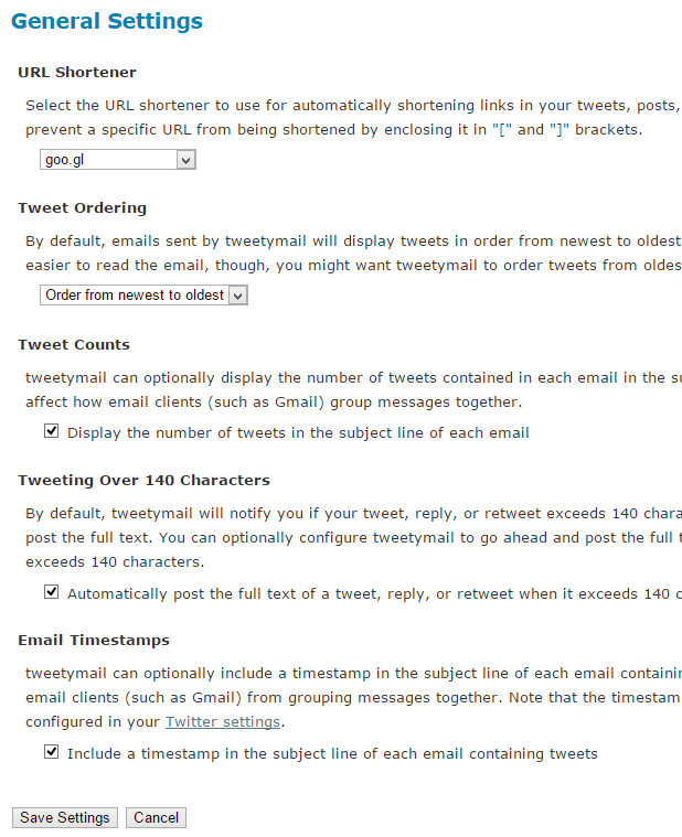 Change settings in TweetyMail Change settings in TweetyMail