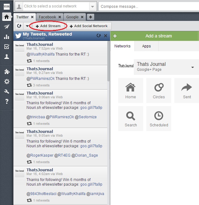 Click on Add Stream button in Hootsuite dashboard Click on Add Stream button in Hootsuite dashboard