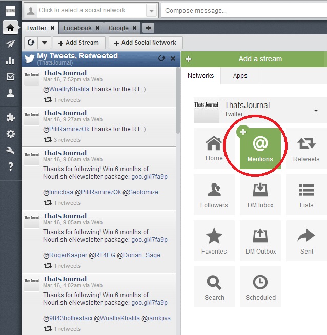 Click on name of stream in Add a Stream window in Hootsuite Click on name of stream in Add a Stream window in Hootsuite