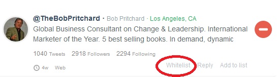 Click on the Whitelist link in JustUnfollow, free Twitter unfollowers manager Click on the Whitelist link in JustUnfollow, free Twitter unfollowers manager