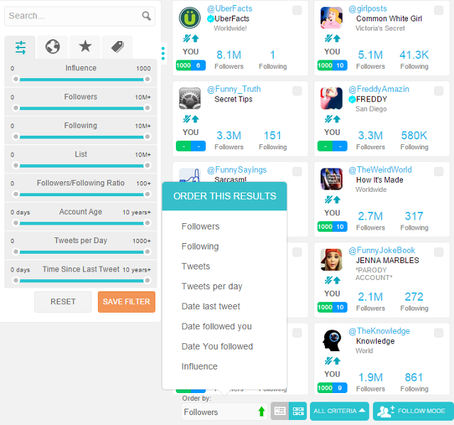 Order search results in SocialBro Order search results in SocialBro
