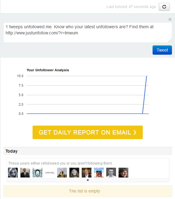 Who unfollowed me section in JustUnfollow, free Twitter unfollowers manager Who unfollowed me section in JustUnfollow, free Twitter unfollowers manager
