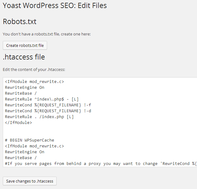 Create robots.txt file, edit .htaccess file in WordPress SEO by Yoast plugin Create robots.txt file, edit .htaccess file in WordPress SEO by Yoast plugin