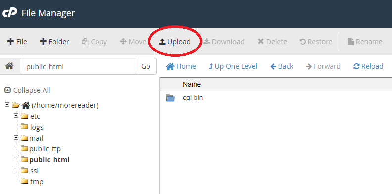 Click on Upload button at the top in File Manager Click on Upload button at the top in File Manager