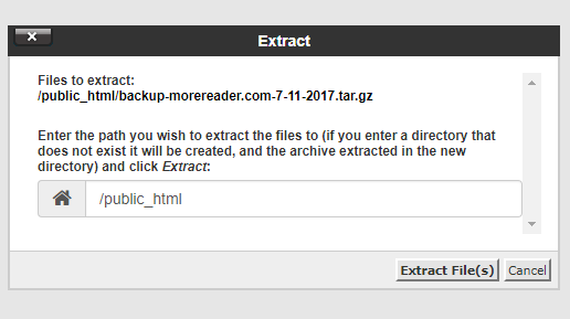 Select the location as /public_html and then click on Extract files Select the location as /public_html and then click on Extract files